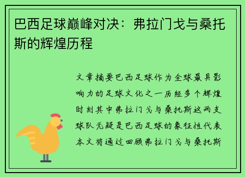 巴西足球巅峰对决：弗拉门戈与桑托斯的辉煌历程
